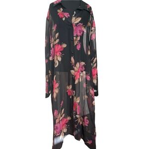 Vtg Blair 3Xl Sheer Black Floral Kimono Button Down Long Sleeve Maxi Shirt Dress